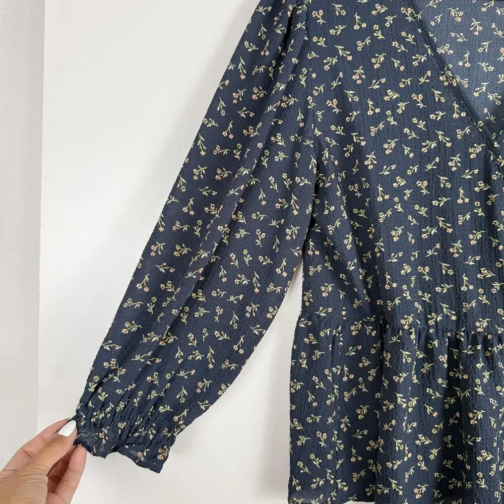 Madewell Floral Puff Sleeve Neck Wrap Blouse Top Blue - M